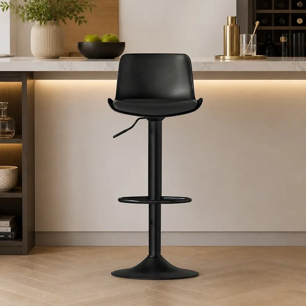 Swivel Chair Set of 2 Black Padded Seat Adjustable Height Bar Stools