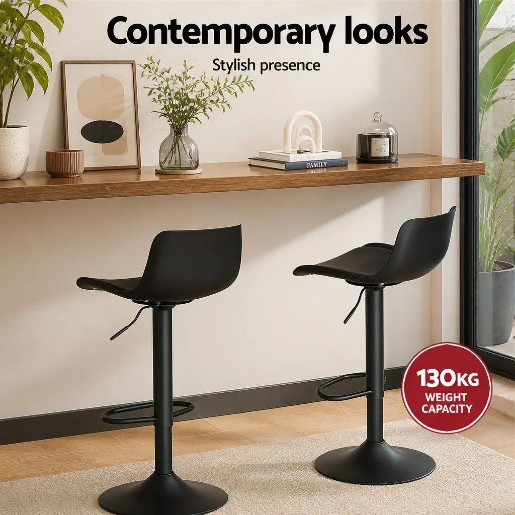 Swivel Chair Set of 2 Black Padded Seat Adjustable Height Bar Stools