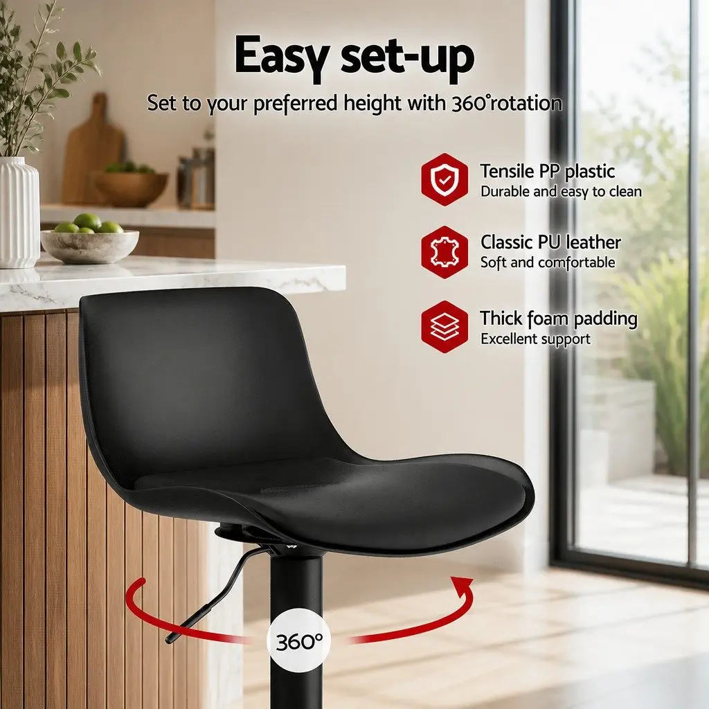 Swivel Chair Set of 2 Black Padded Seat Adjustable Height Bar Stools