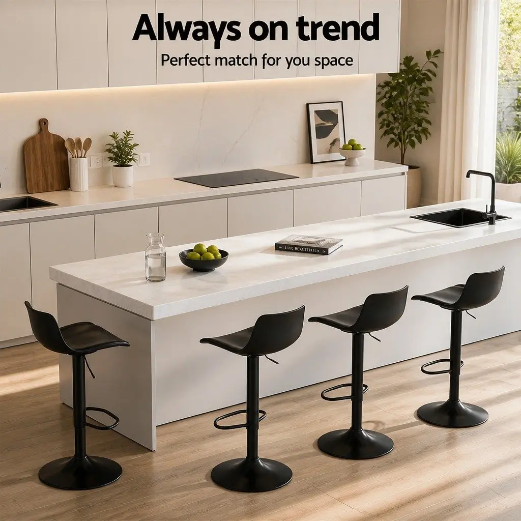 Swivel Chair Set of 2 Black Padded Seat Adjustable Height Bar Stools
