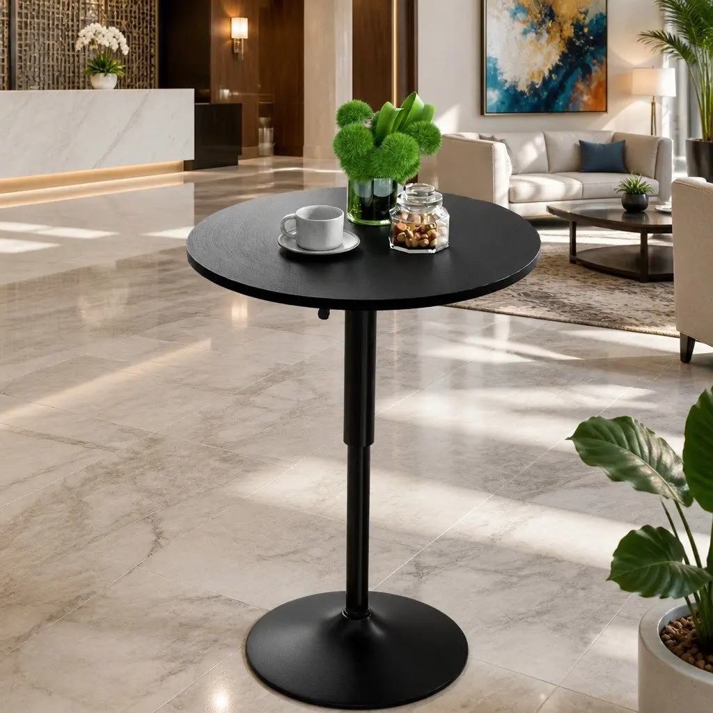 Round Bar Table Gas Lift Adjustable Height 60cm Diameter Swivel Indoor Outdoor Black