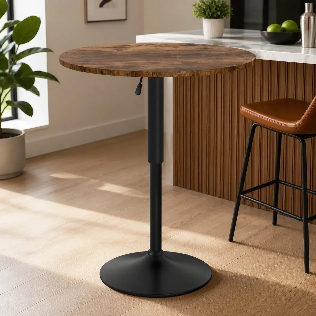 Height Adjustable Round Bar Table 60cm Swivel Gaslift Kitchen Counter Rustic