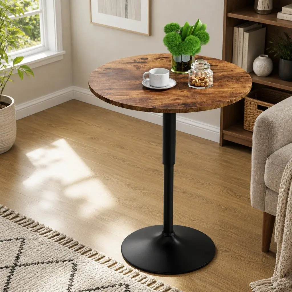 Height Adjustable Round Bar Table 60cm Swivel Gaslift Kitchen Counter Rustic