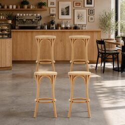 Bar Stools Set of 4 Rattan Seat Wooden Frame Kitchen Counter Height Dining