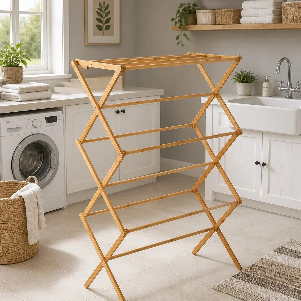 Bamboo Clothes Airer Foldable Drying Rack 11 Bars Hanging Space Natural