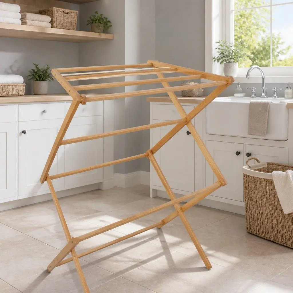 Bamboo Clothes Airer Foldable Drying Rack 11 Bars Hanging Space Natural