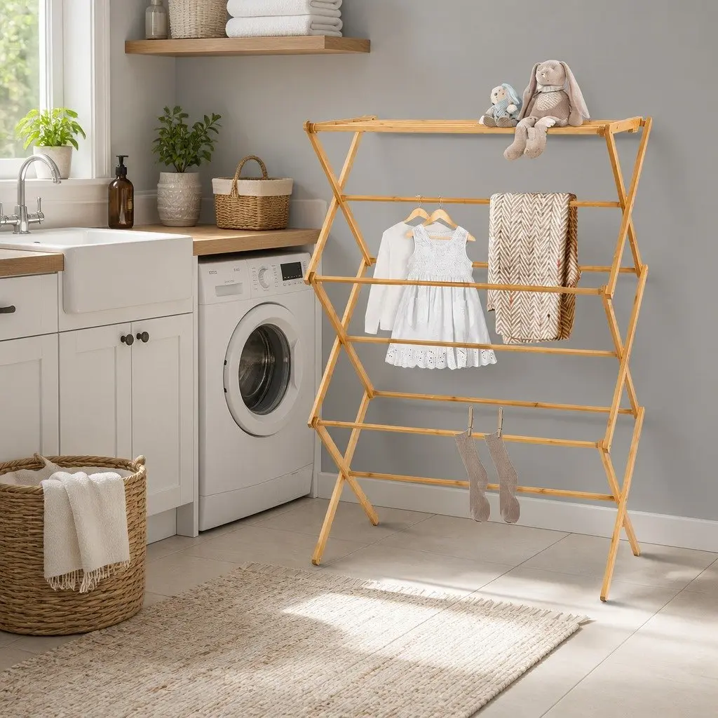 Bamboo Clothes Airer Foldable Drying Rack 11 Bars Hanging Space Natural