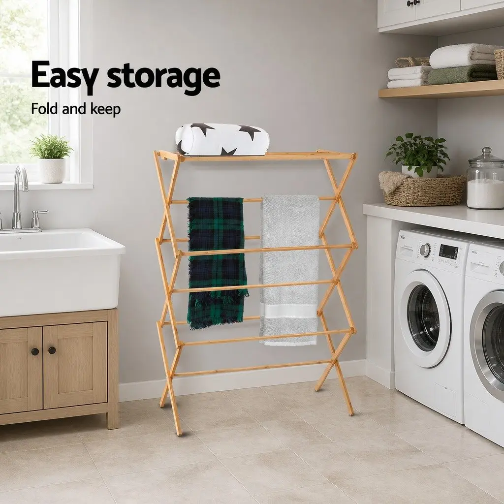 Bamboo Clothes Airer Foldable Drying Rack 11 Bars Hanging Space Natural