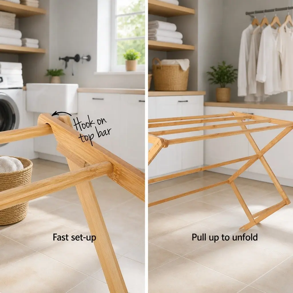 Bamboo Clothes Airer Foldable Drying Rack 11 Bars Hanging Space Natural