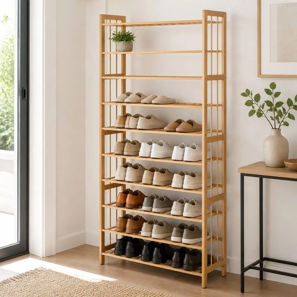 10 Tier Natural Bamboo Shoe Rack Open Organizer Footwear Storage Display Cabinet