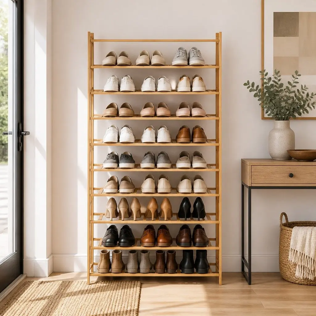 10 Tier Natural Bamboo Shoe Rack Open Organizer Footwear Storage Display Cabinet