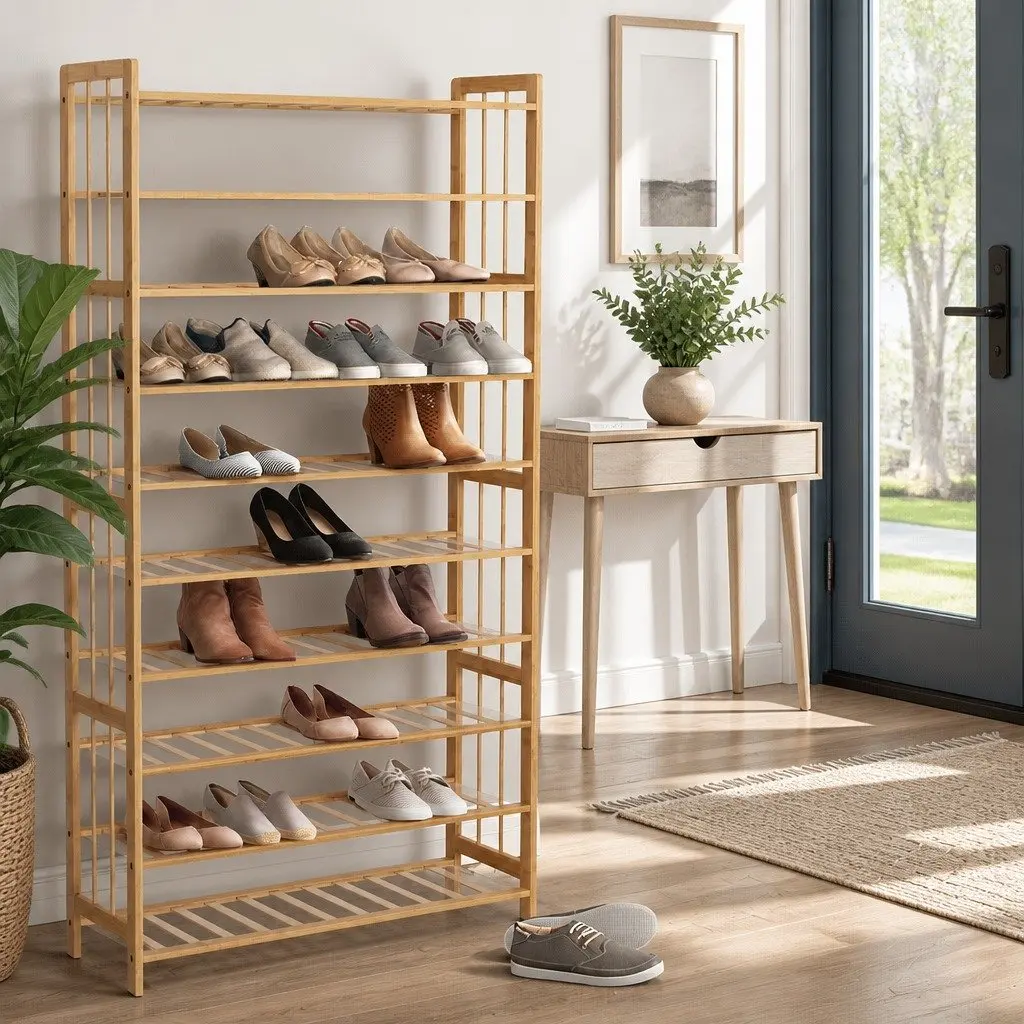 10 Tier Natural Bamboo Shoe Rack Open Organizer Footwear Storage Display Cabinet
