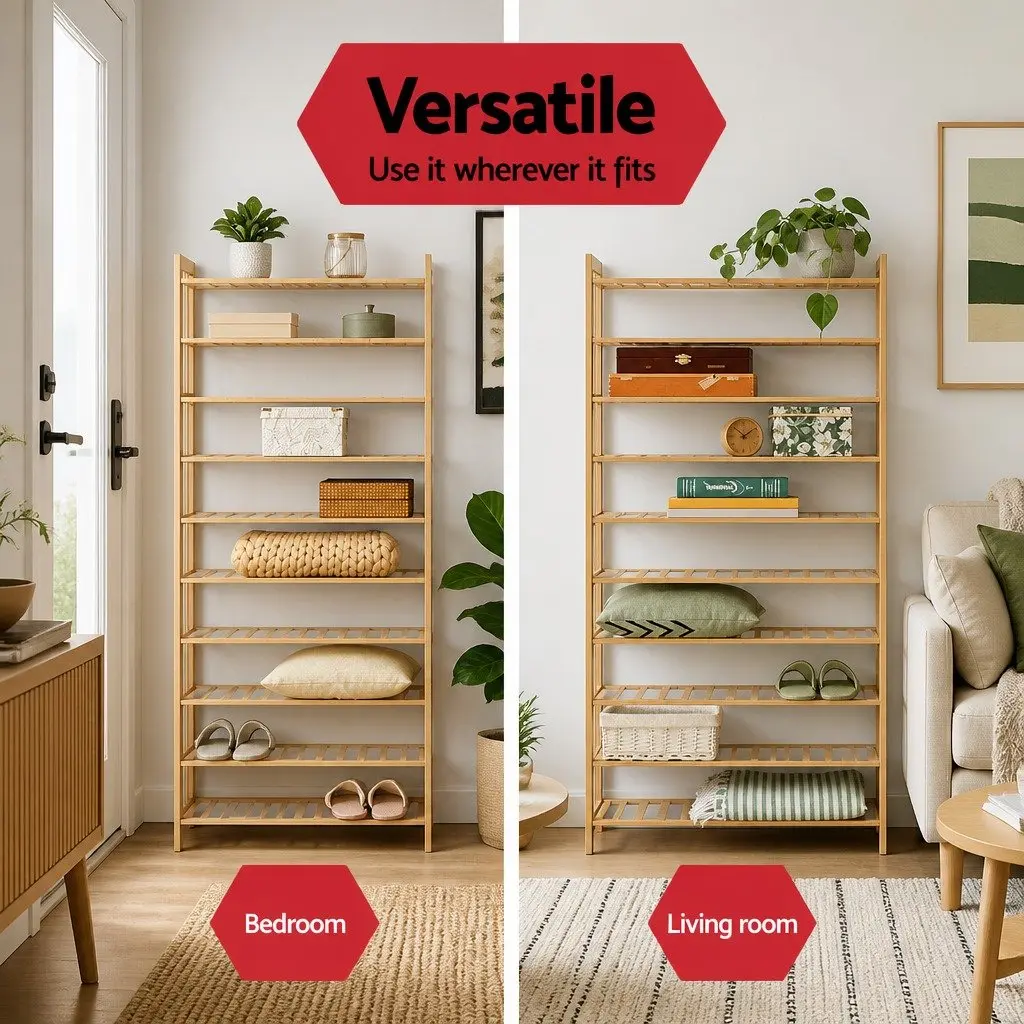 10 Tier Natural Bamboo Shoe Rack Open Organizer Footwear Storage Display Cabinet