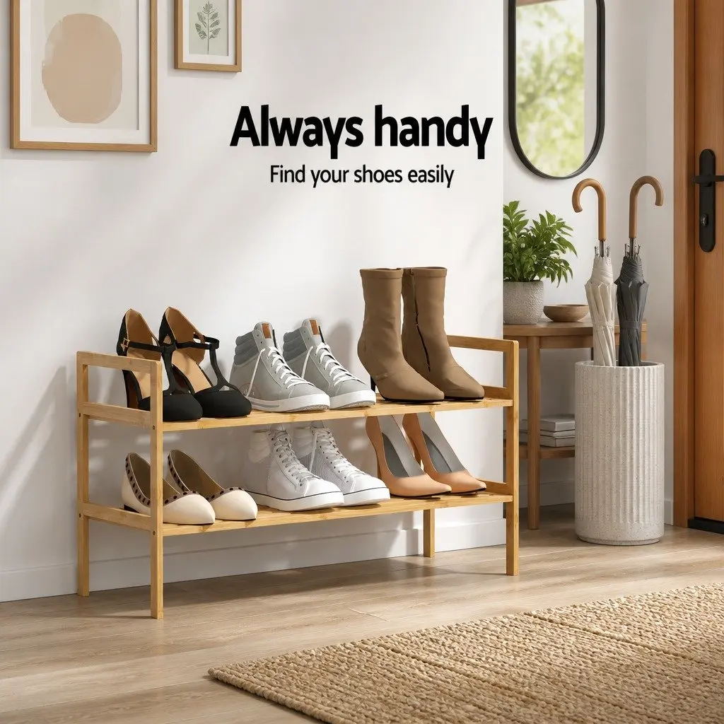 Shoe Rack Cabinet 2-Tier Storage Organiser Pine Wood Natural Bamboo 6 Pairs