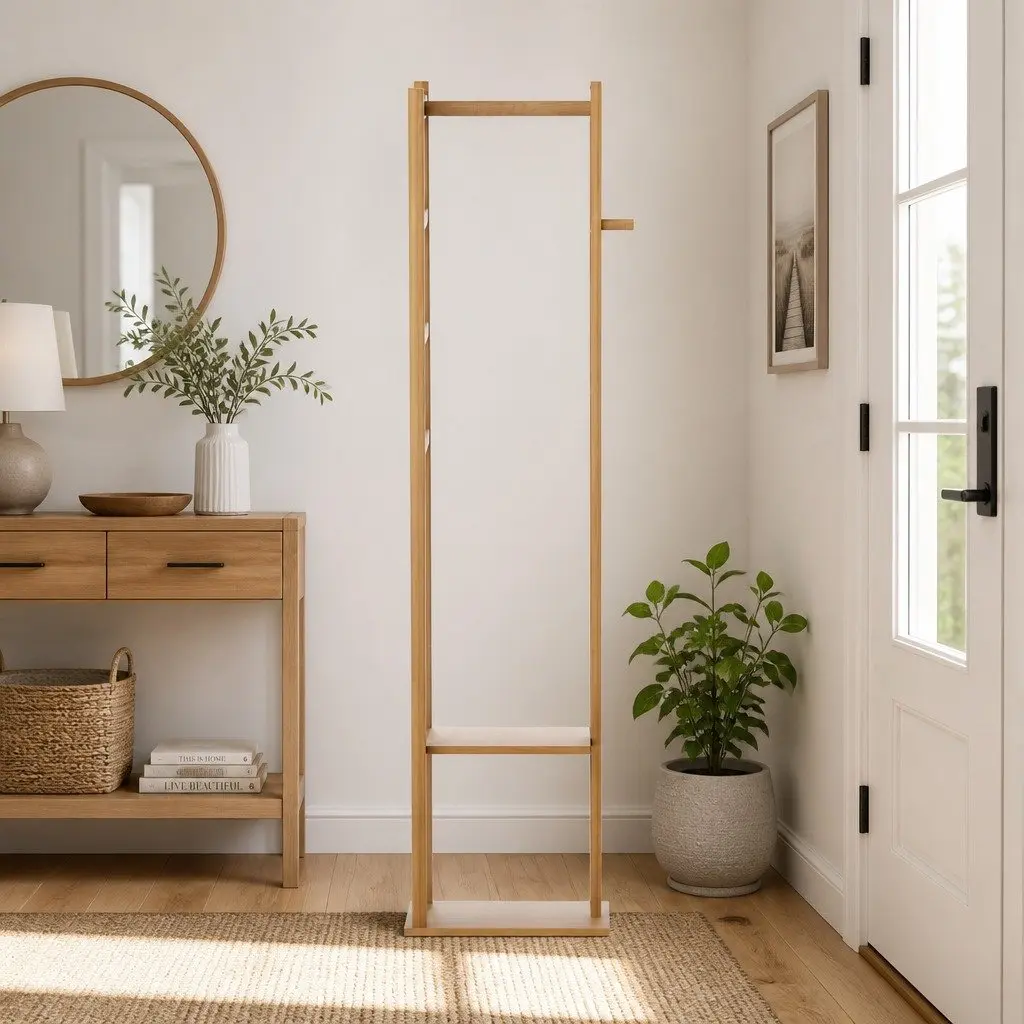 Clothes Rack Airer Coat Stand Bamboo with Hanging Rail Storage Shelf Side Hook 38cm W x 30cm D x 155cm H