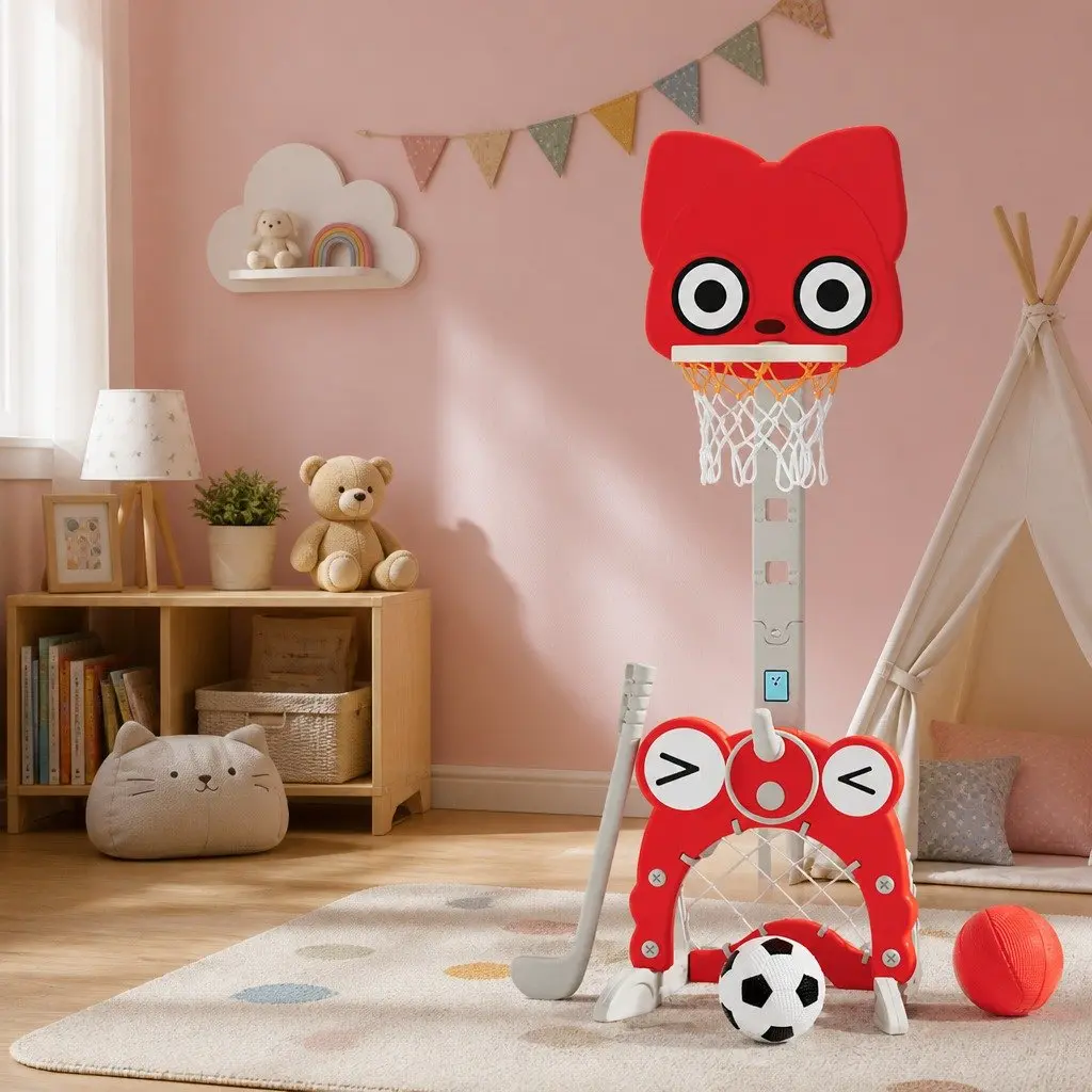 Kids Basketball Hoop Stand 5-in-1 Sports Activity Centre Adjustable Height Red