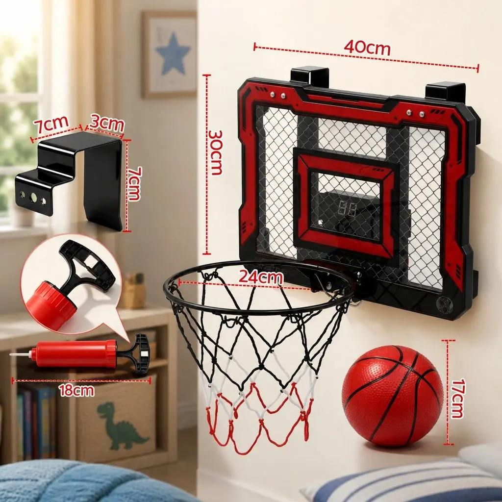 Mini Basketball Hoop Indoor Over Door Electronic Scoreboard 40x30cm Red