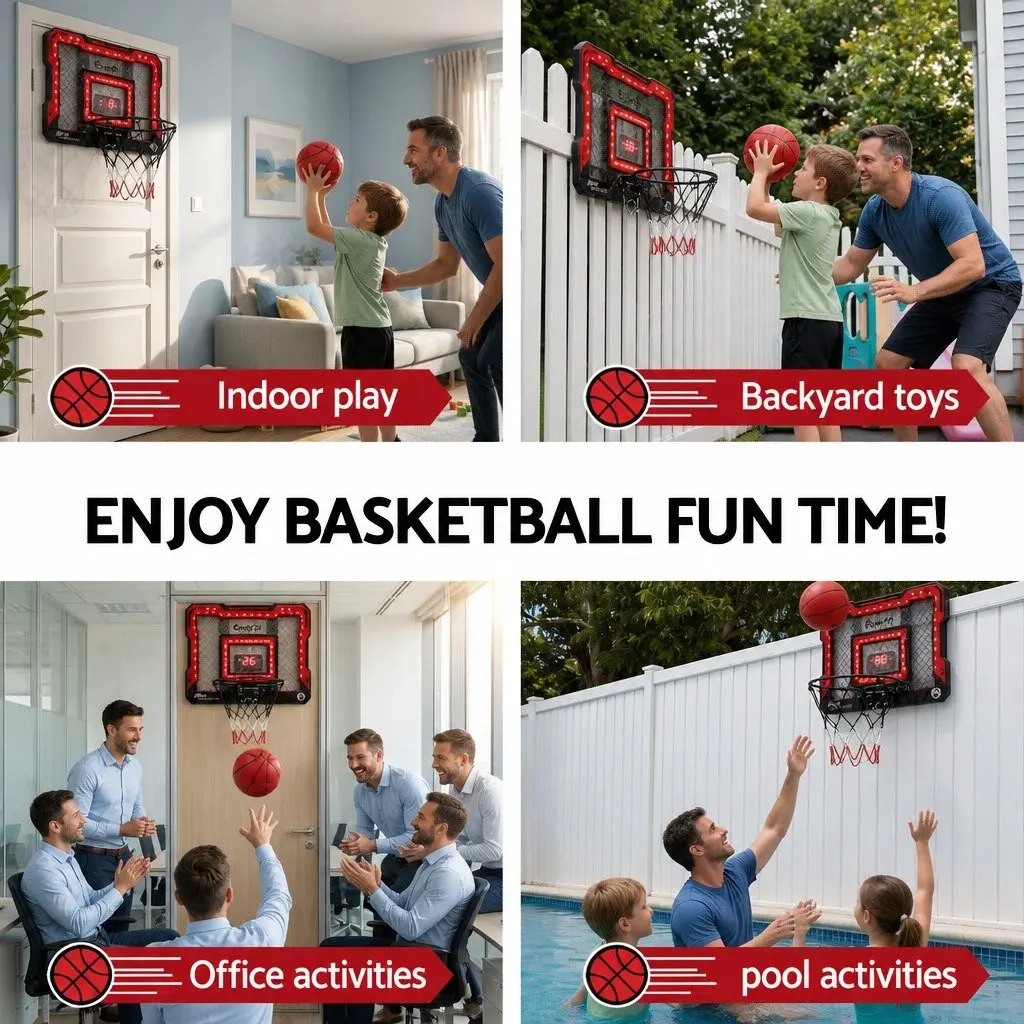 Mini Basketball Hoop Indoor Over Door Electronic Scoreboard 40x30cm Red