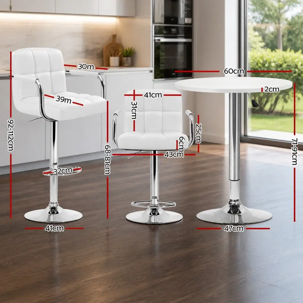 Bar Table and Stools Set Height Adjustable Swivel White 60cm Table 68 to 81cm Stools