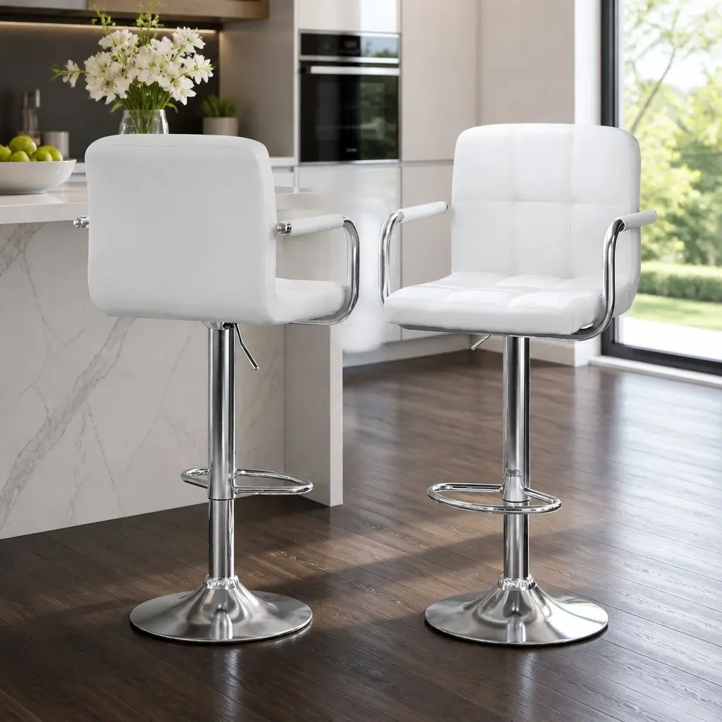 Bar Table and Stools Set Height Adjustable Swivel White 60cm Table 68 to 81cm Stools