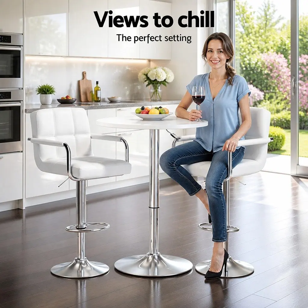 Bar Table and Stools Set Height Adjustable Swivel White 60cm Table 68 to 81cm Stools
