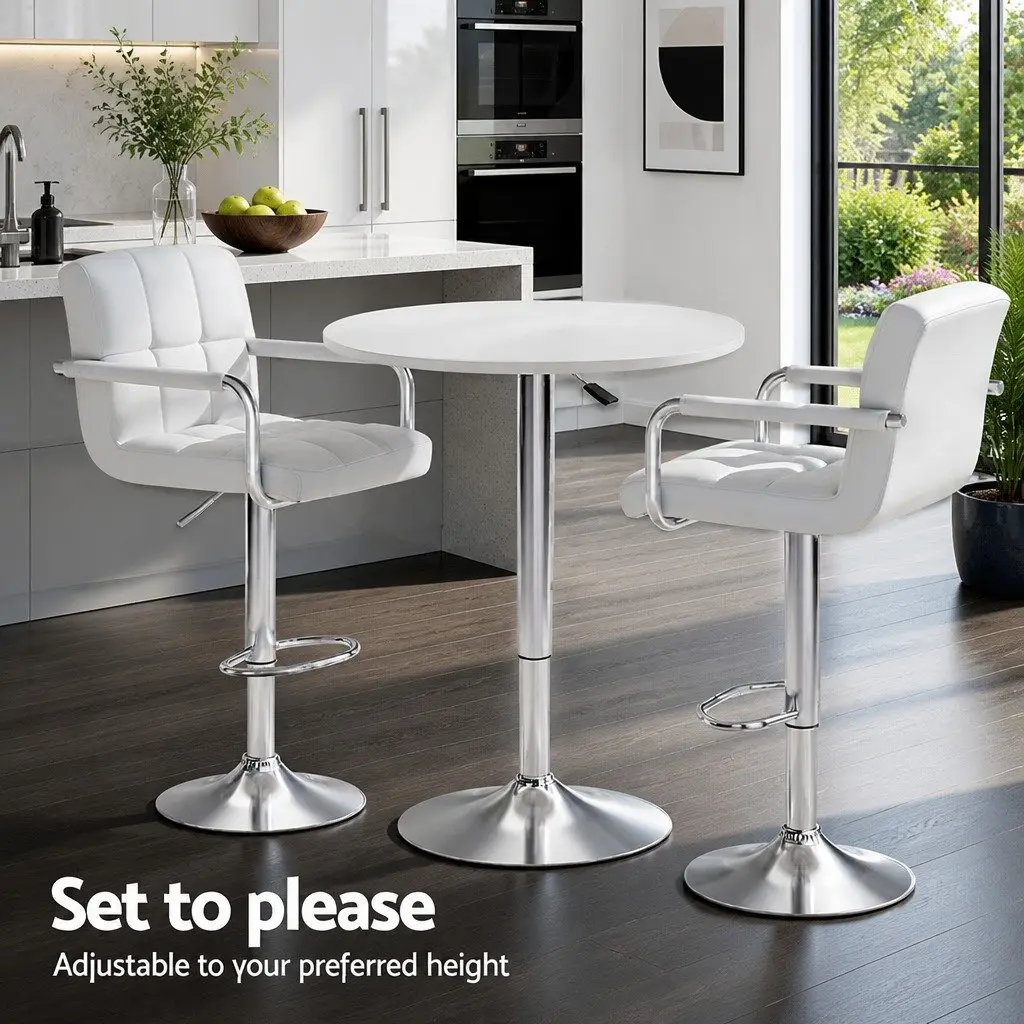 Bar Table and Stools Set Height Adjustable Swivel White 60cm Table 68 to 81cm Stools