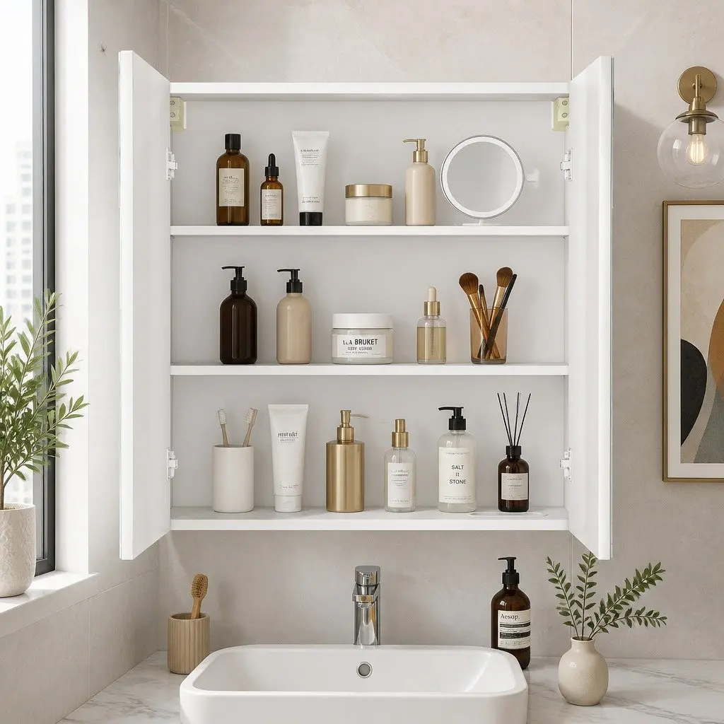 Bathroom Mirror Cabinet Wall-Mounted 75CM with 5X Magnifying Mirror Adjustable Shelves