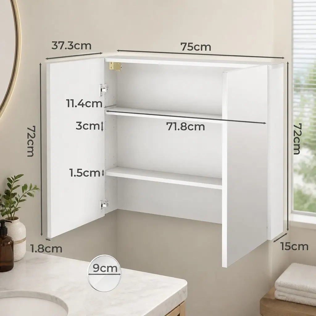 Bathroom Mirror Cabinet Wall-Mounted 75CM with 5X Magnifying Mirror Adjustable Shelves