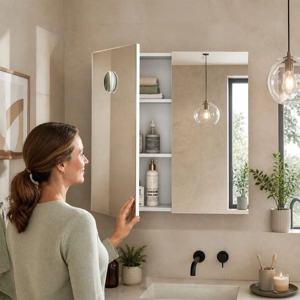 Bathroom Mirror Cabinet Wall-Mounted 75CM with 5X Magnifying Mirror Adjustable Shelves