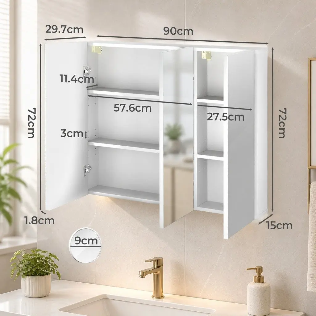 Bathroom Mirror Cabinet Wall-Mounted 90CM with Magnifying Glass and Adjustable Shelves
