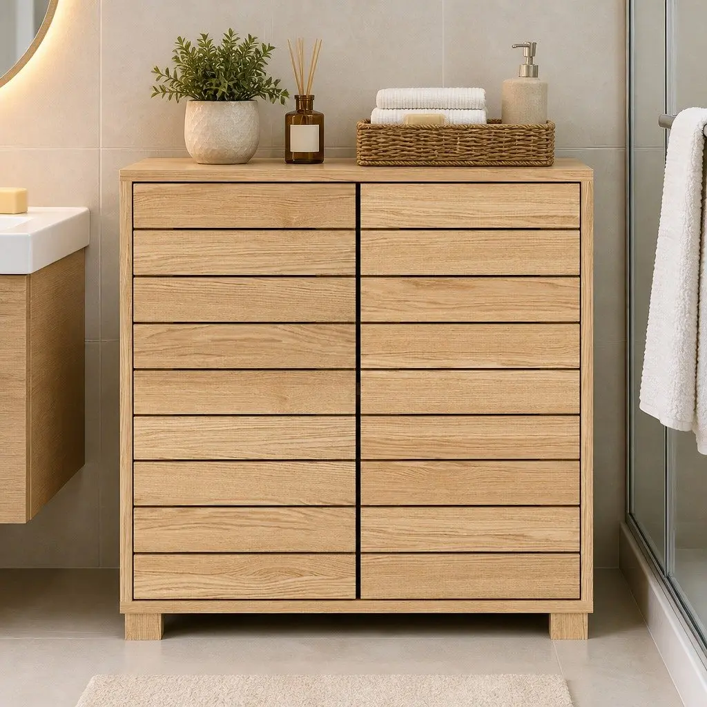 Floor Standing Bathroom Storage Cabinet Oak Organiser with Sliding Doors 60cm