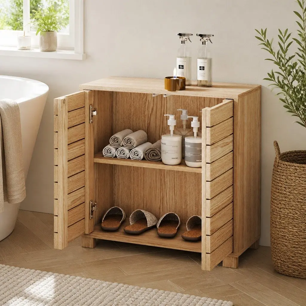 Floor Standing Bathroom Storage Cabinet Oak Organiser with Sliding Doors 60cm