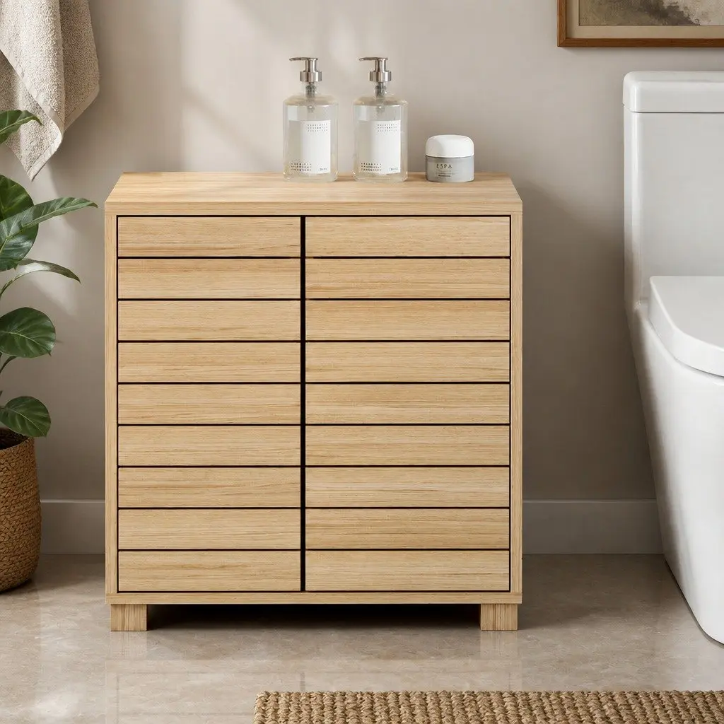 Floor Standing Bathroom Storage Cabinet Oak Organiser with Sliding Doors 60cm