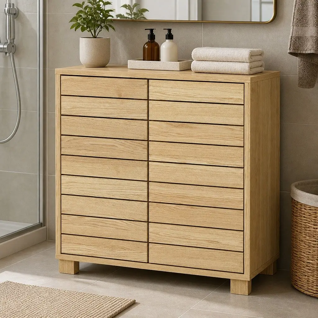 Floor Standing Bathroom Storage Cabinet Oak Organiser with Sliding Doors 60cm