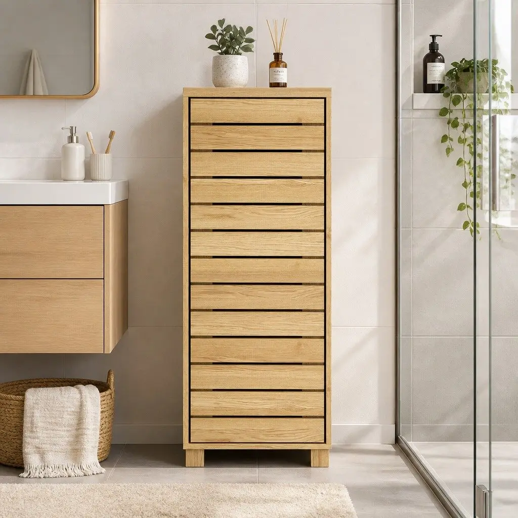 Bathroom Storage Cabinet Handleless Wood Floor Shelf Unit Cupboard Oak