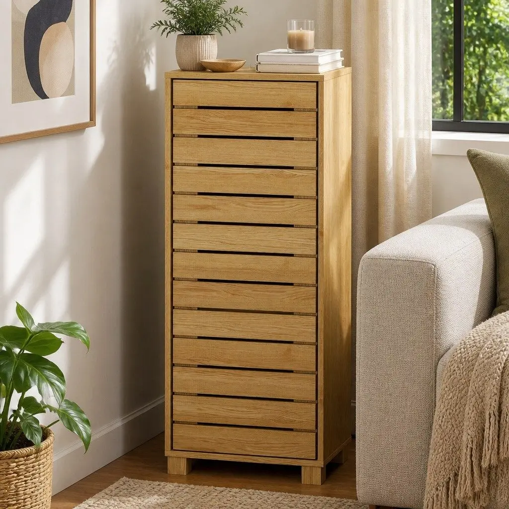 Bathroom Storage Cabinet Handleless Wood Floor Shelf Unit Cupboard Oak