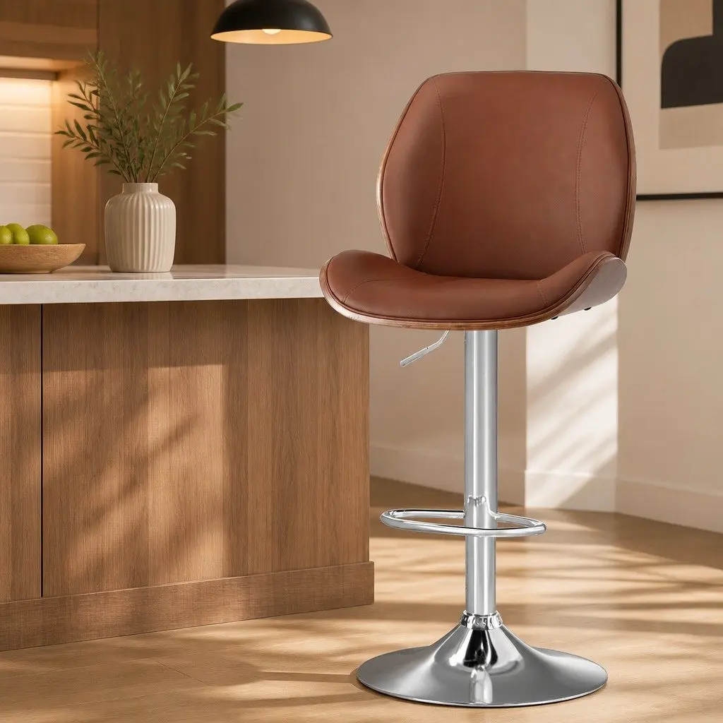Bar Stool Adjustable Height Bentwood Backrest Brown PU Leather