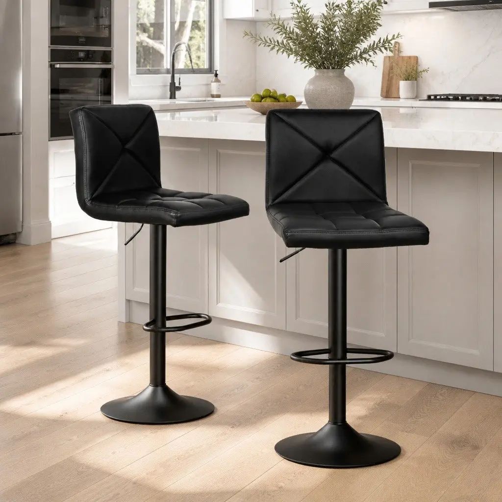 Bar Stools Set of 2 Kitchen Dining Chairs Gas Lift Swivel Seat Black