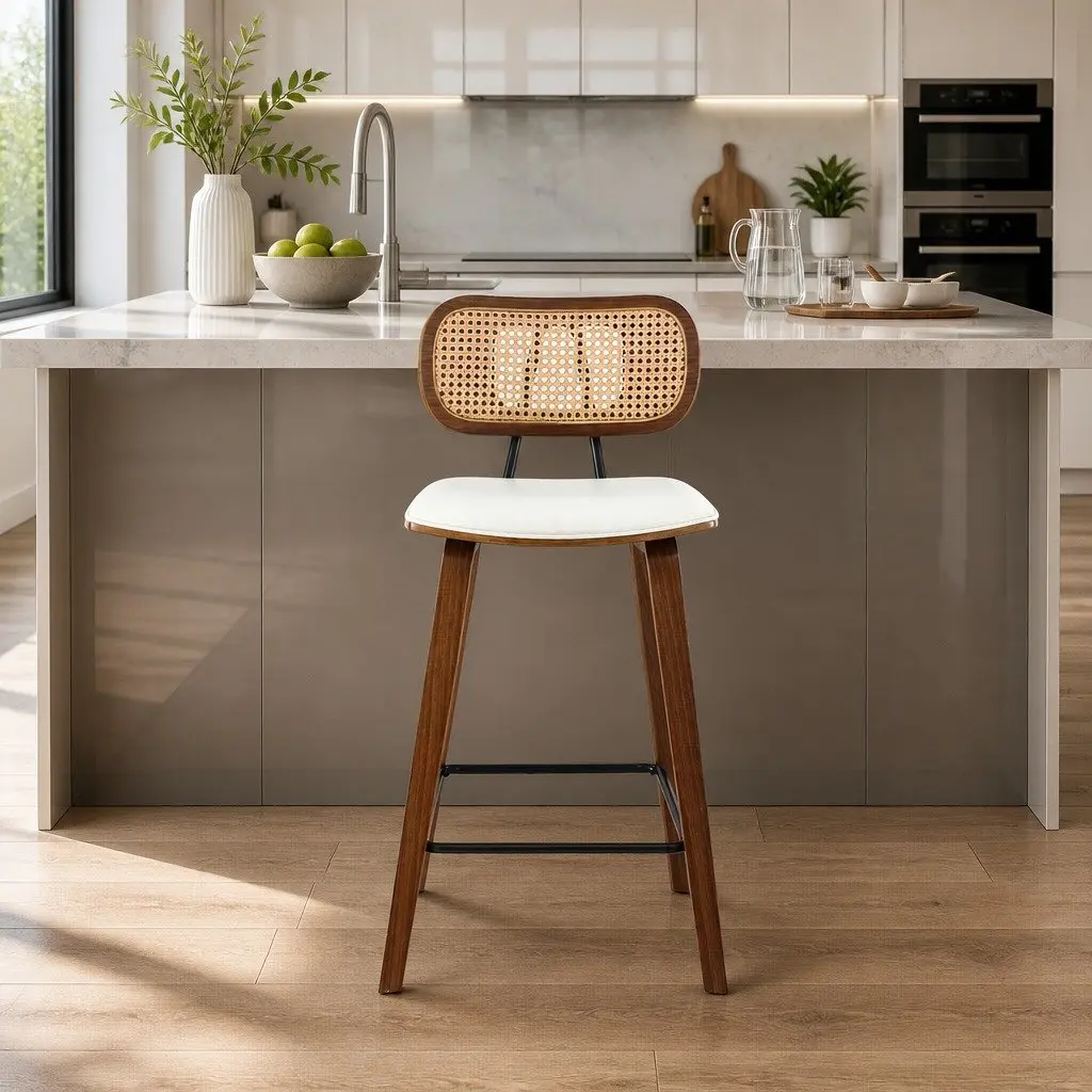 Bar Stools Rattan Backrest PU Leather Beige 64cm Seat Height Set of 2