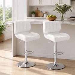 Bar Stools Gas Lift Padded Seat Swivel Chair Chrome Base White Set of 2