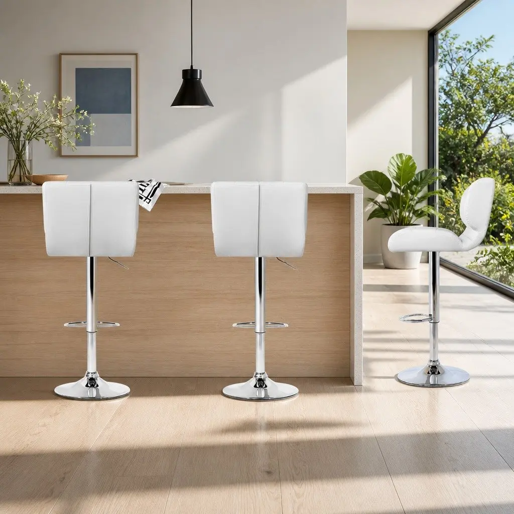 Bar Stools Gas Lift Padded Seat Swivel Chrome Base White Set of 4