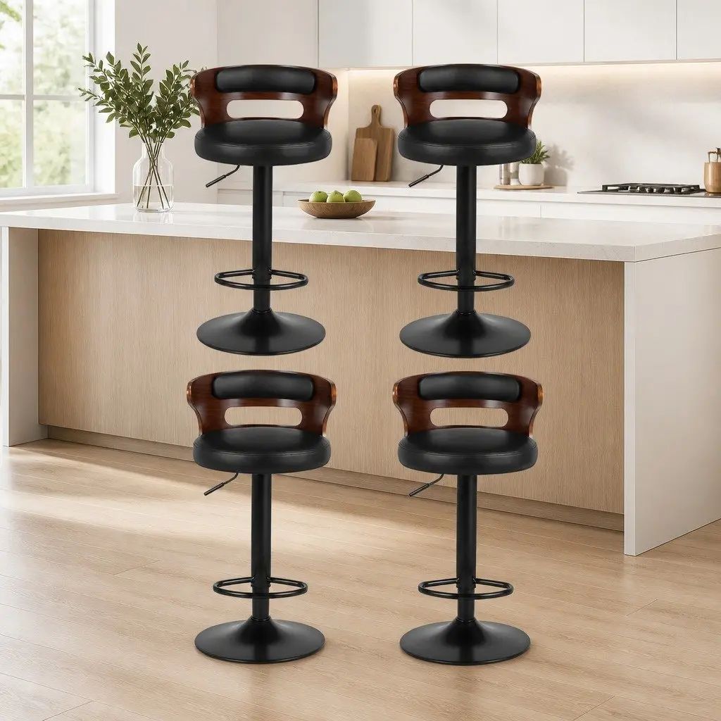 Bar Stools Gas Lift 4 Piece Black Padded Seat Swivel Kitchen Dining Chair