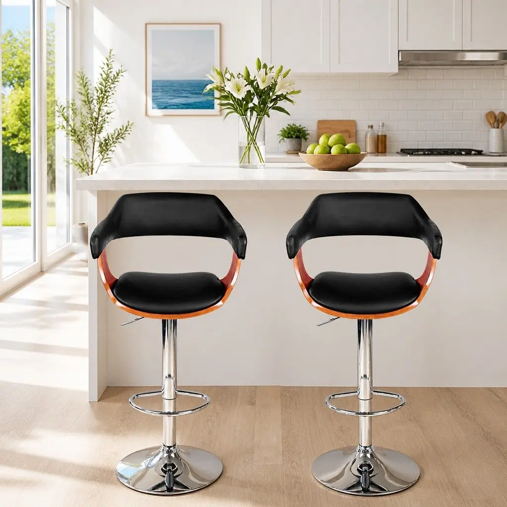 Bar Stools Gas Lift with Armrest Black PU Leather Padded Seat Swivel Dining