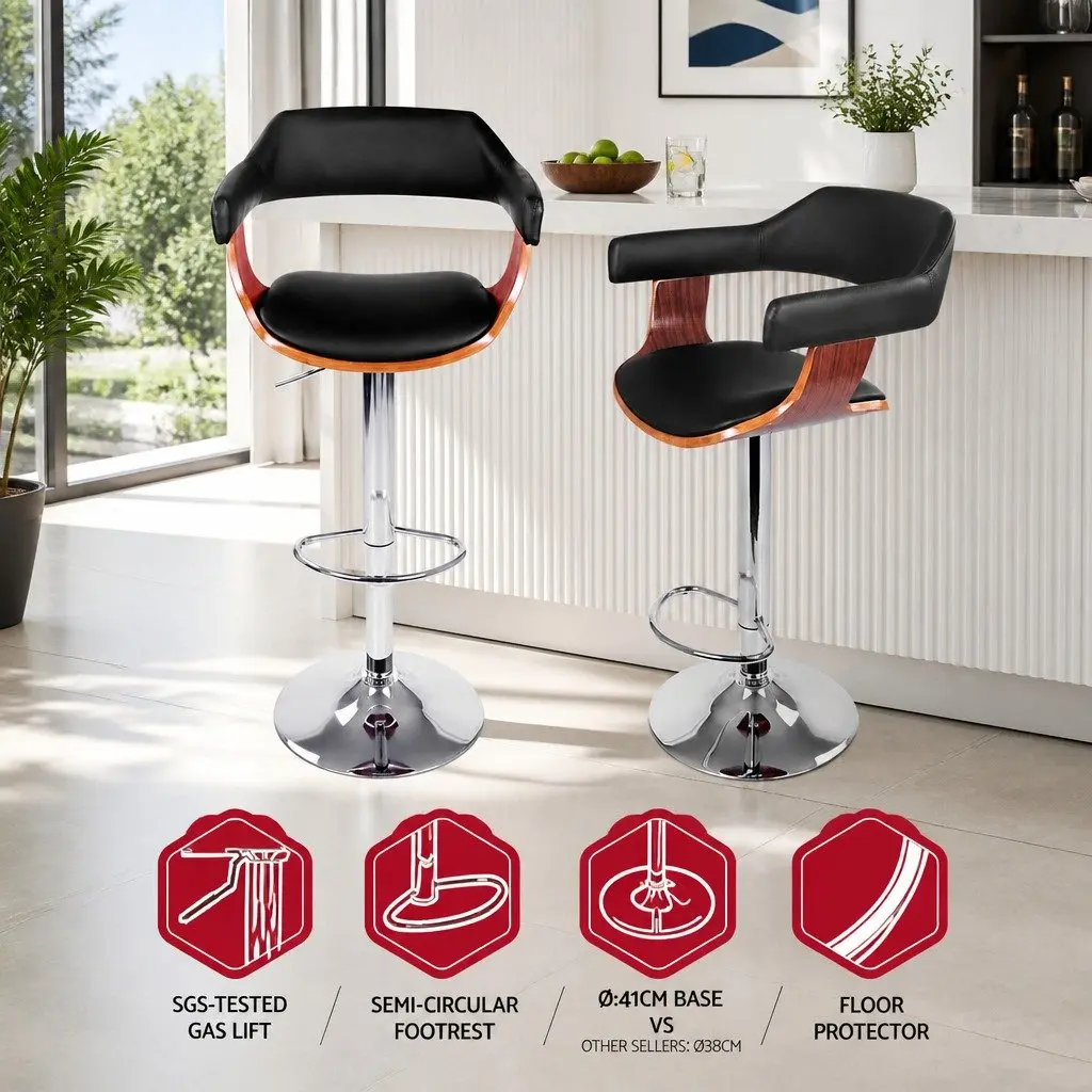 Bar Stools Gas Lift with Armrest Black PU Leather Padded Seat Swivel Dining
