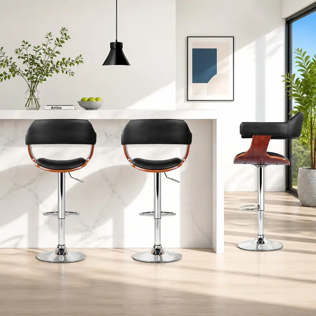 Bar Stools Gas Lift with Armrest Black PU Leather Padded Seat Swivel Dining