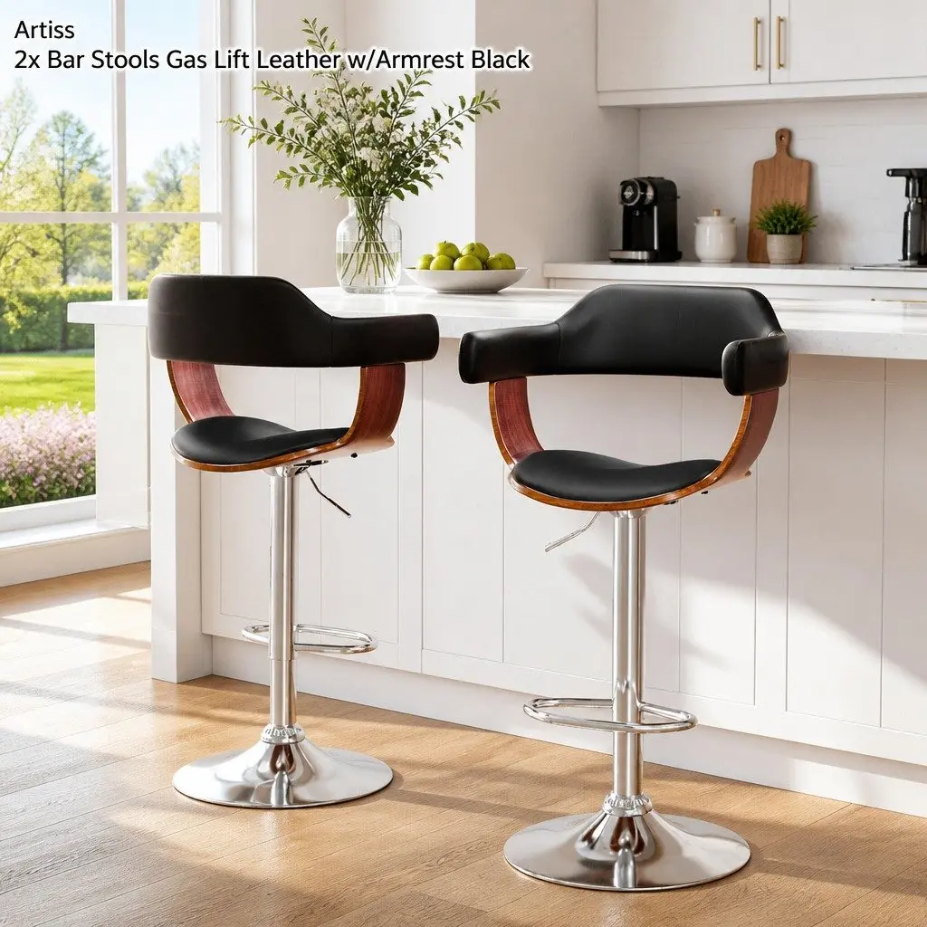 Bar Stools Gas Lift with Armrest Black PU Leather Padded Seat Swivel Dining