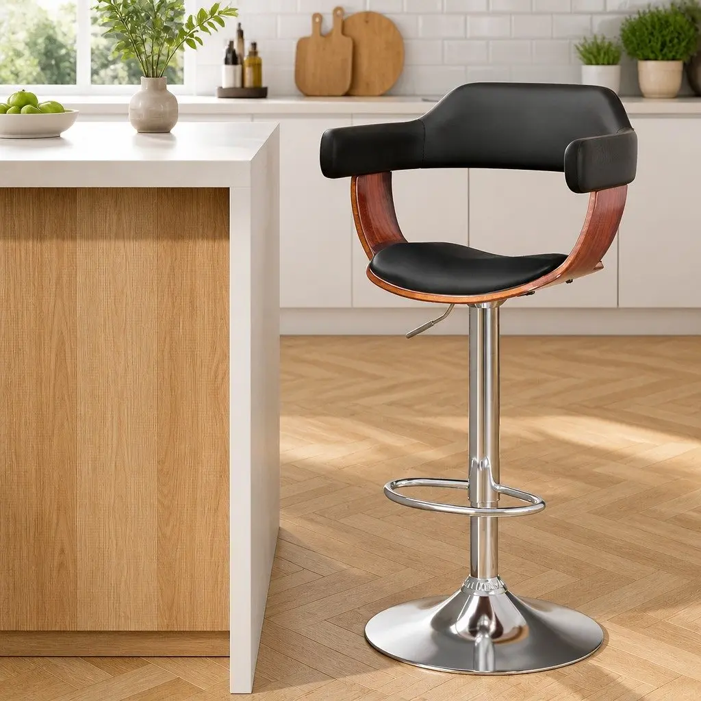 Bar Stools Gas Lift Swivel Chair Black Padded Seat Chrome Base Footrest