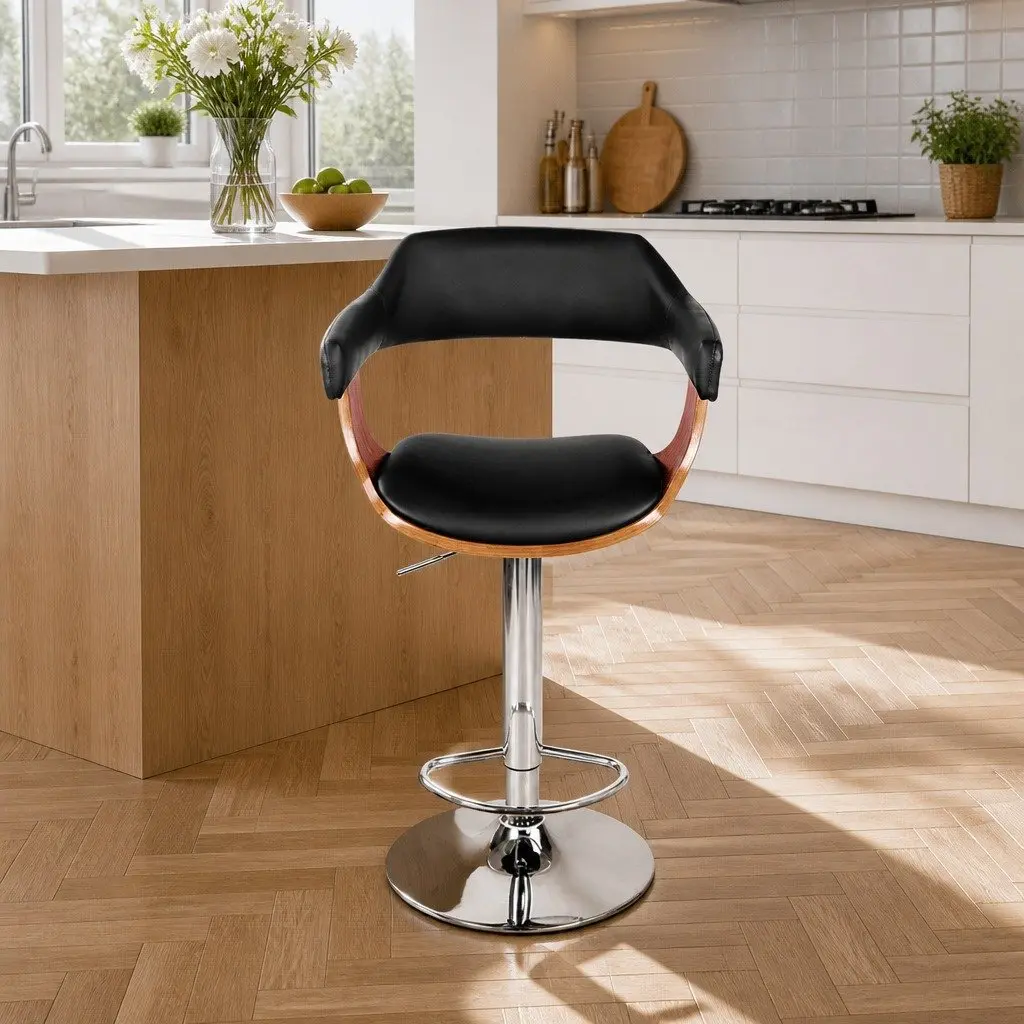 Bar Stools Gas Lift Swivel Chair Black Padded Seat Chrome Base Footrest