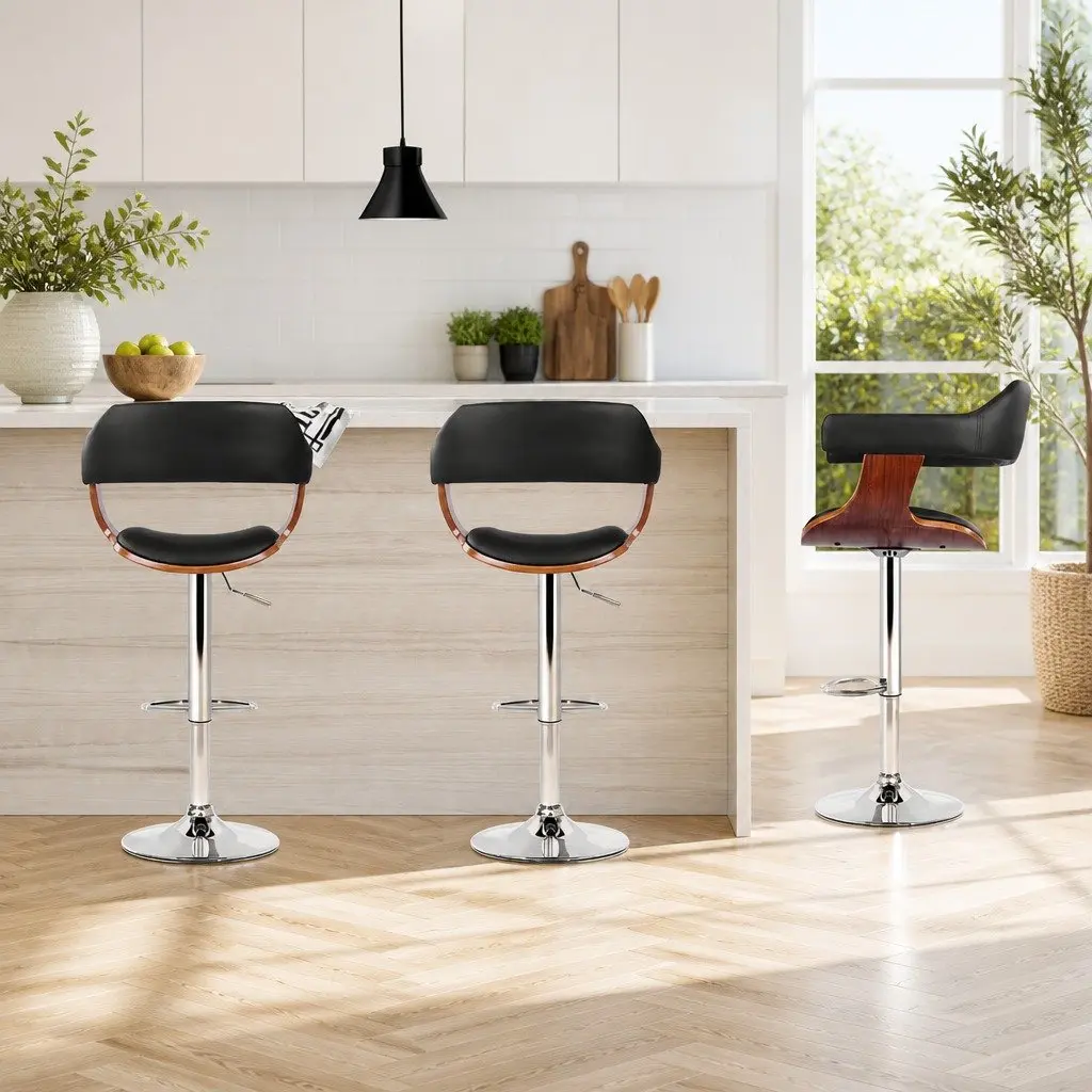Bar Stools Gas Lift Swivel Chair Black Padded Seat Chrome Base Footrest