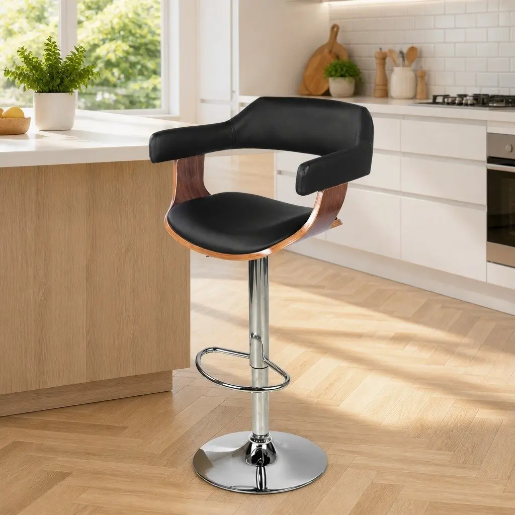 Bar Stools Gas Lift Swivel Chair Black Padded Seat Chrome Base Footrest